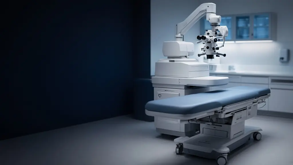 Salle de chirurgie réfractive avec laser ophtalmologique et table d’intervention