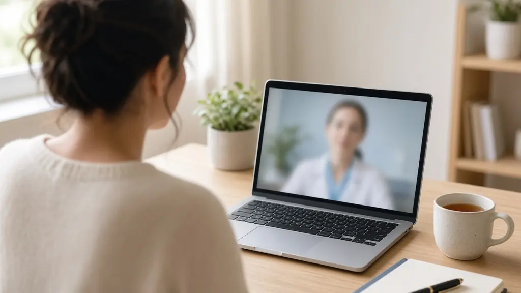 Patiente en téléconsultation vidéo avec un ophtalmologue sur son ordinateur portable