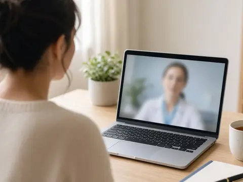 Patiente en téléconsultation vidéo avec un médecin sur son ordinateur portable